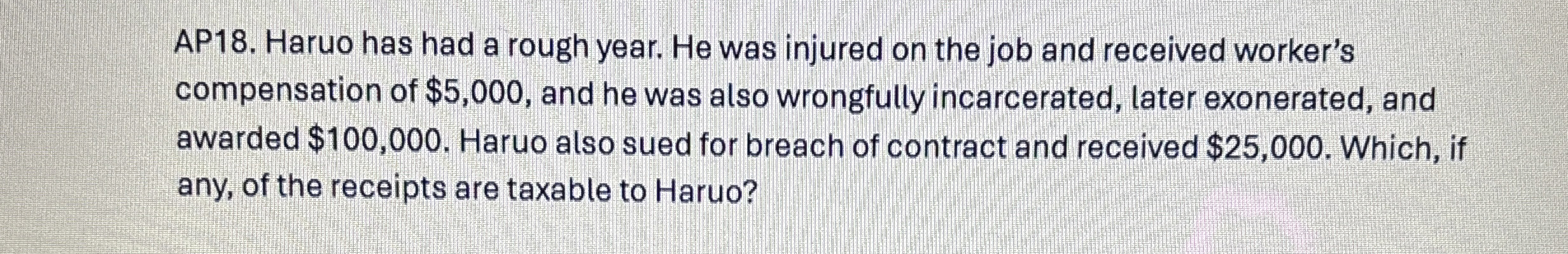  AP18. Haruo has had a rough year. He was injured on
