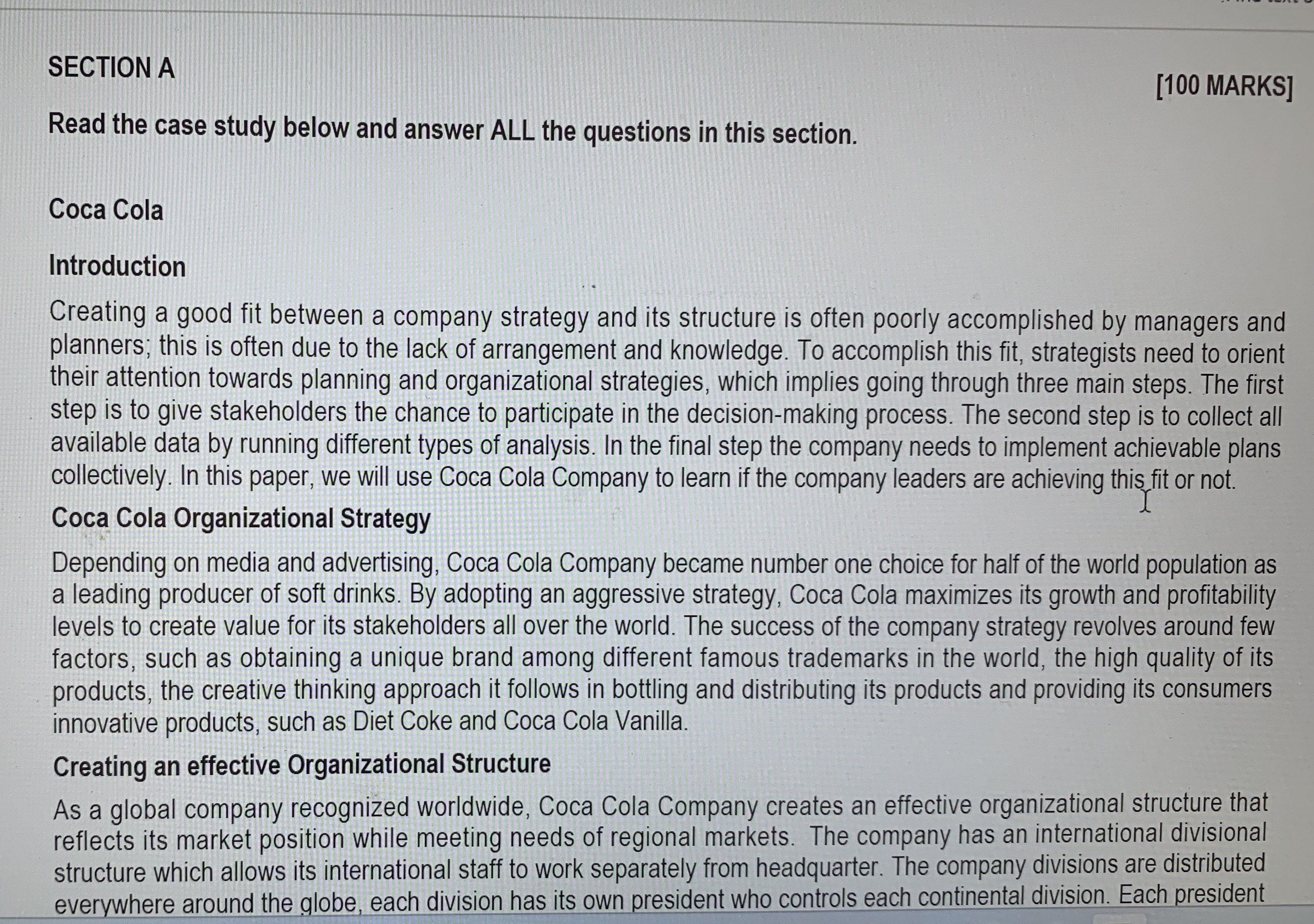  SECTION A [100 MARKS] Read the case study below and answer