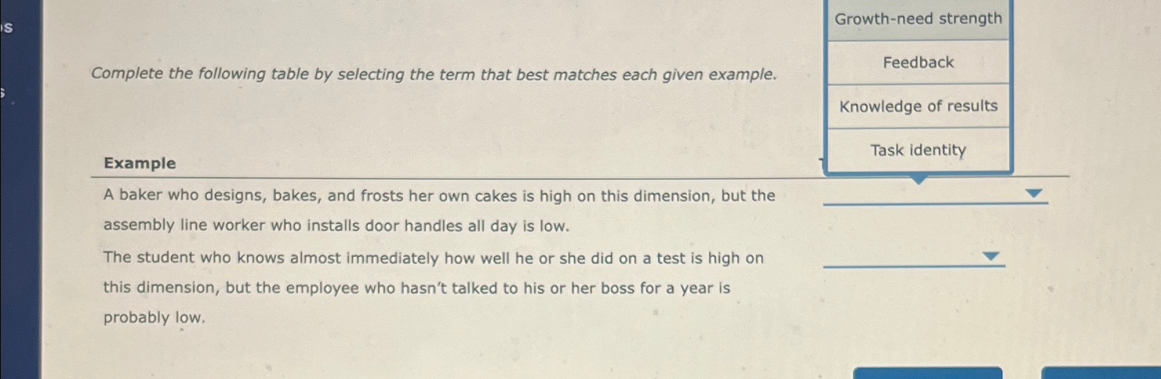  Complete the following table by selecting the term that best matches