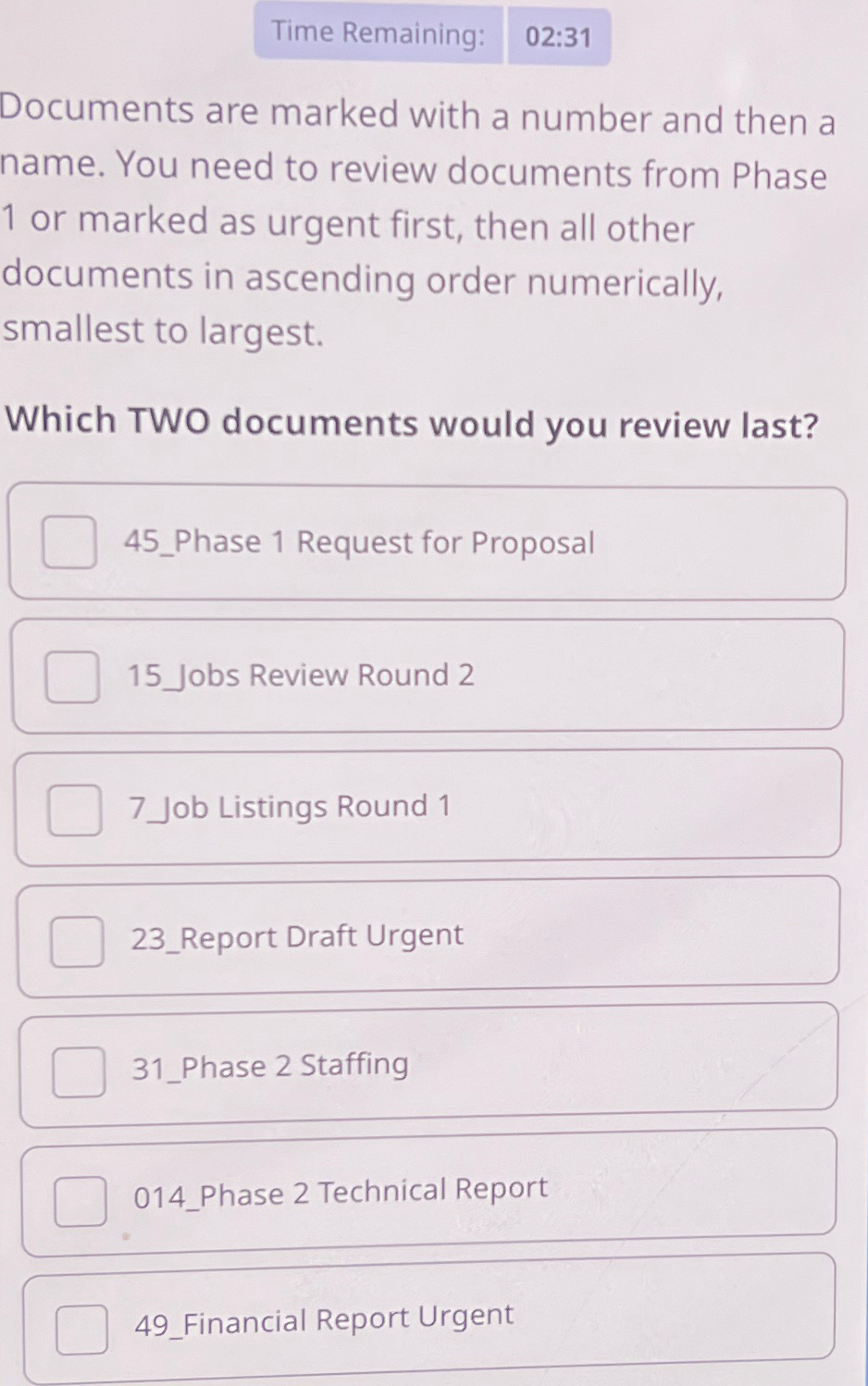  Time Remaining: Documents are marked with a number and then a