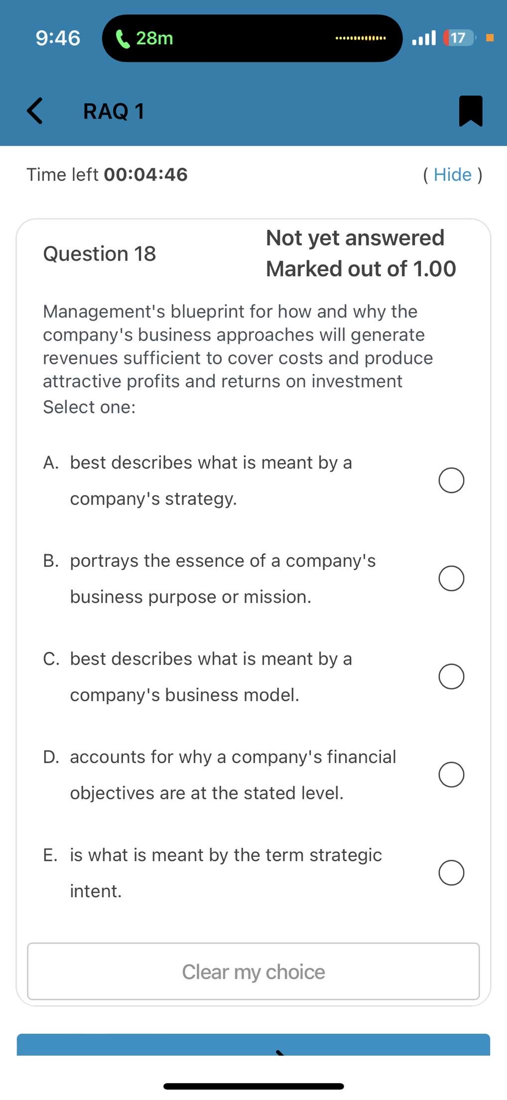  9:46 28m 17 RAQ 1 Time left 00:04:46 ( Hide )
