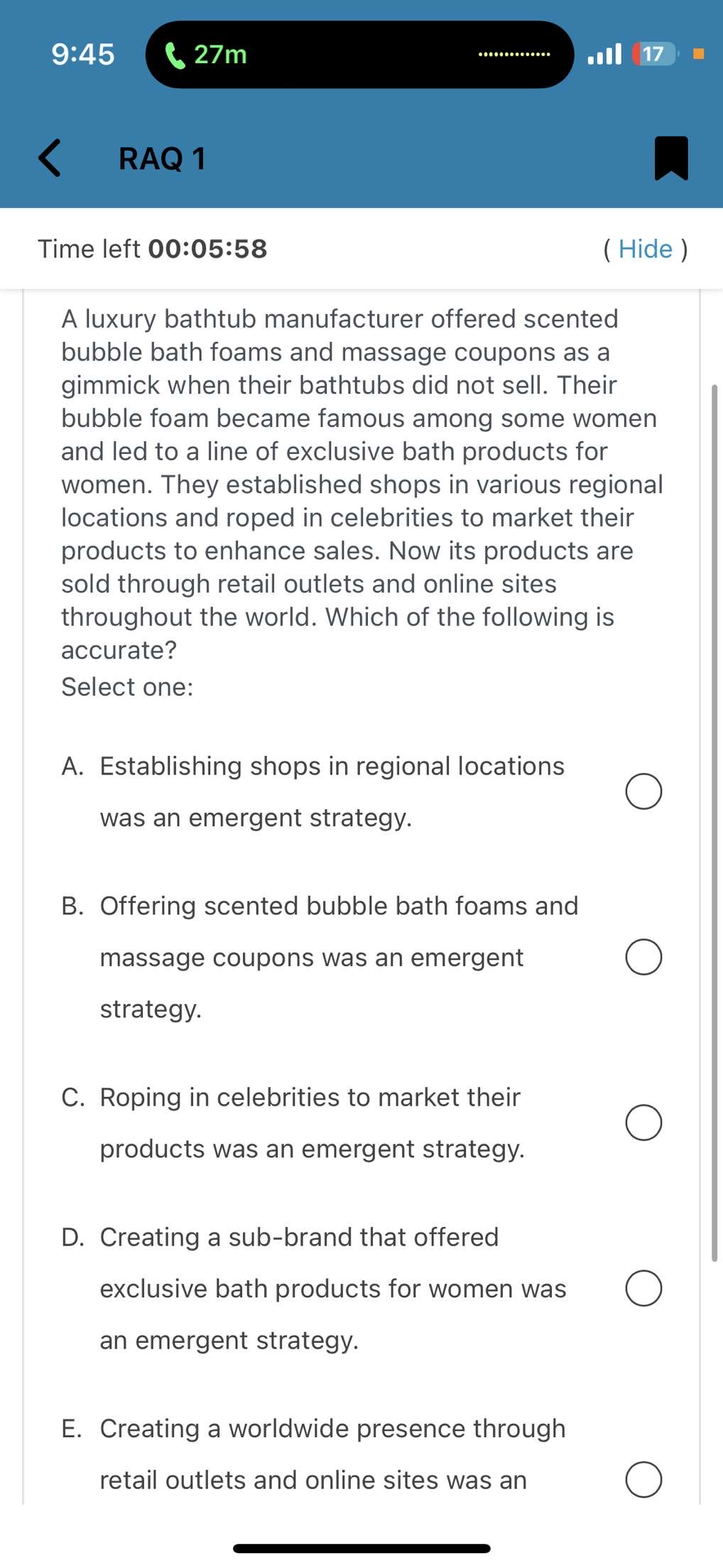  9:45 27m 17 RAQ 1 Time left 00:05:58 ( Hide )