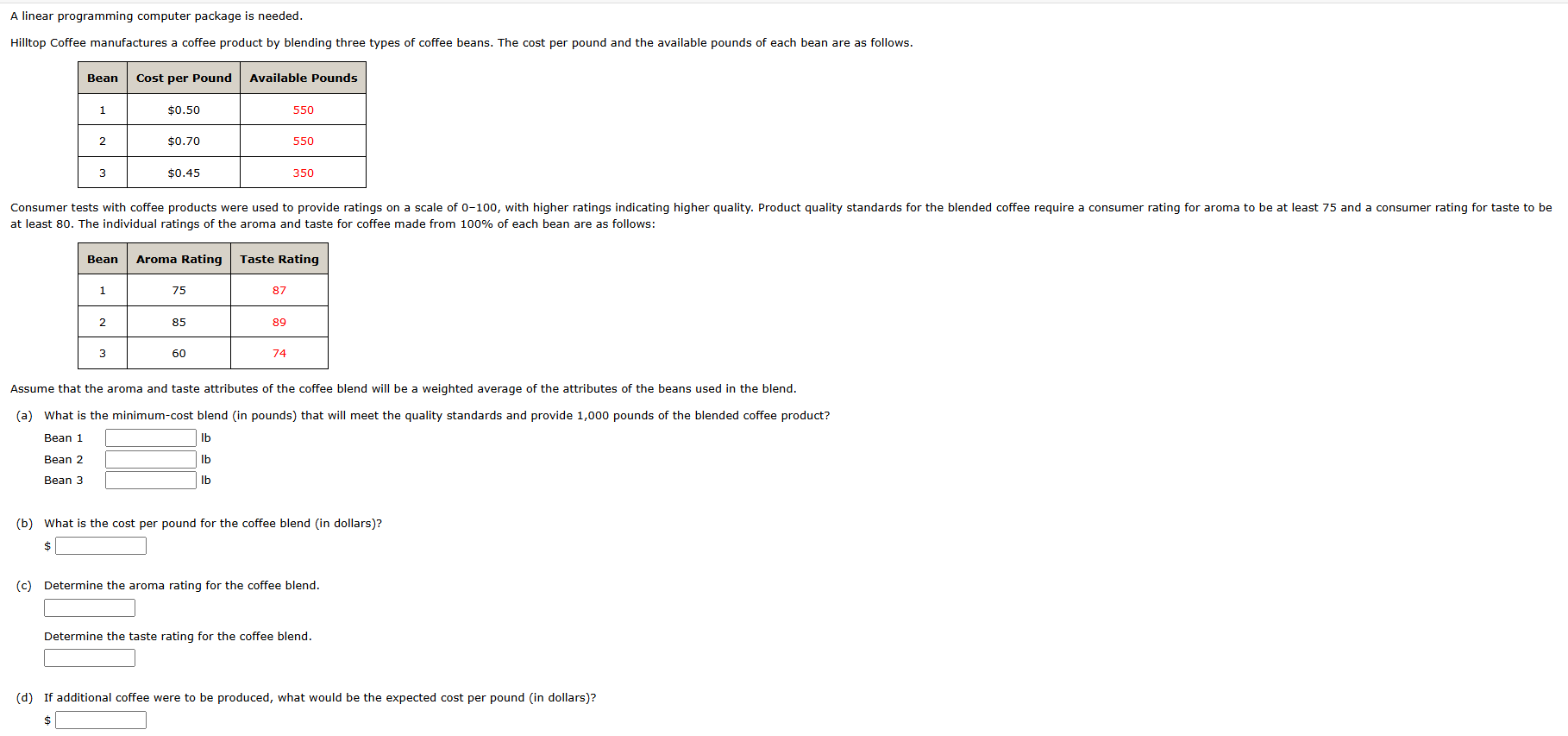  A linear programming computer package is needed. Hilltop Coffee manufactures a