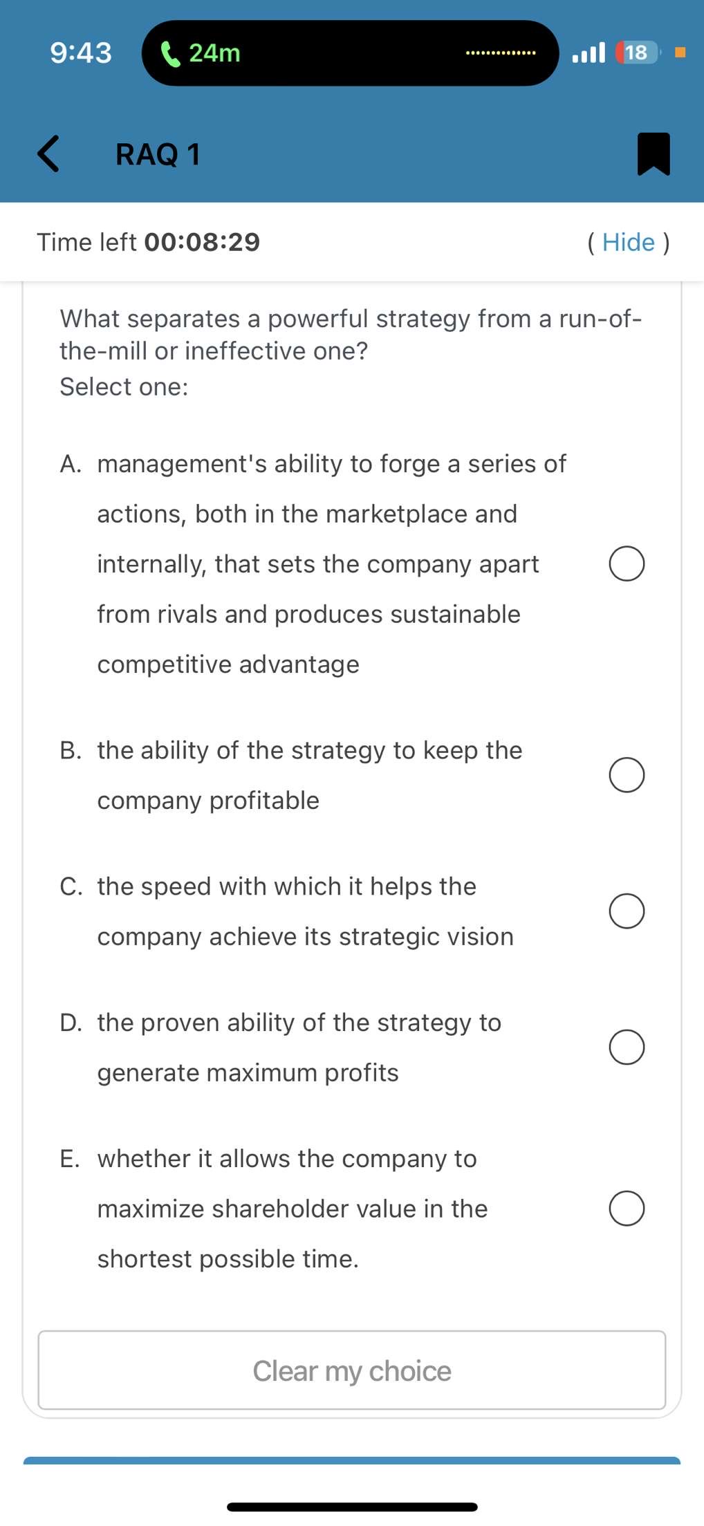  9:43 24m 18 RAQ 1 Time left 00:08:29 ( Hide )