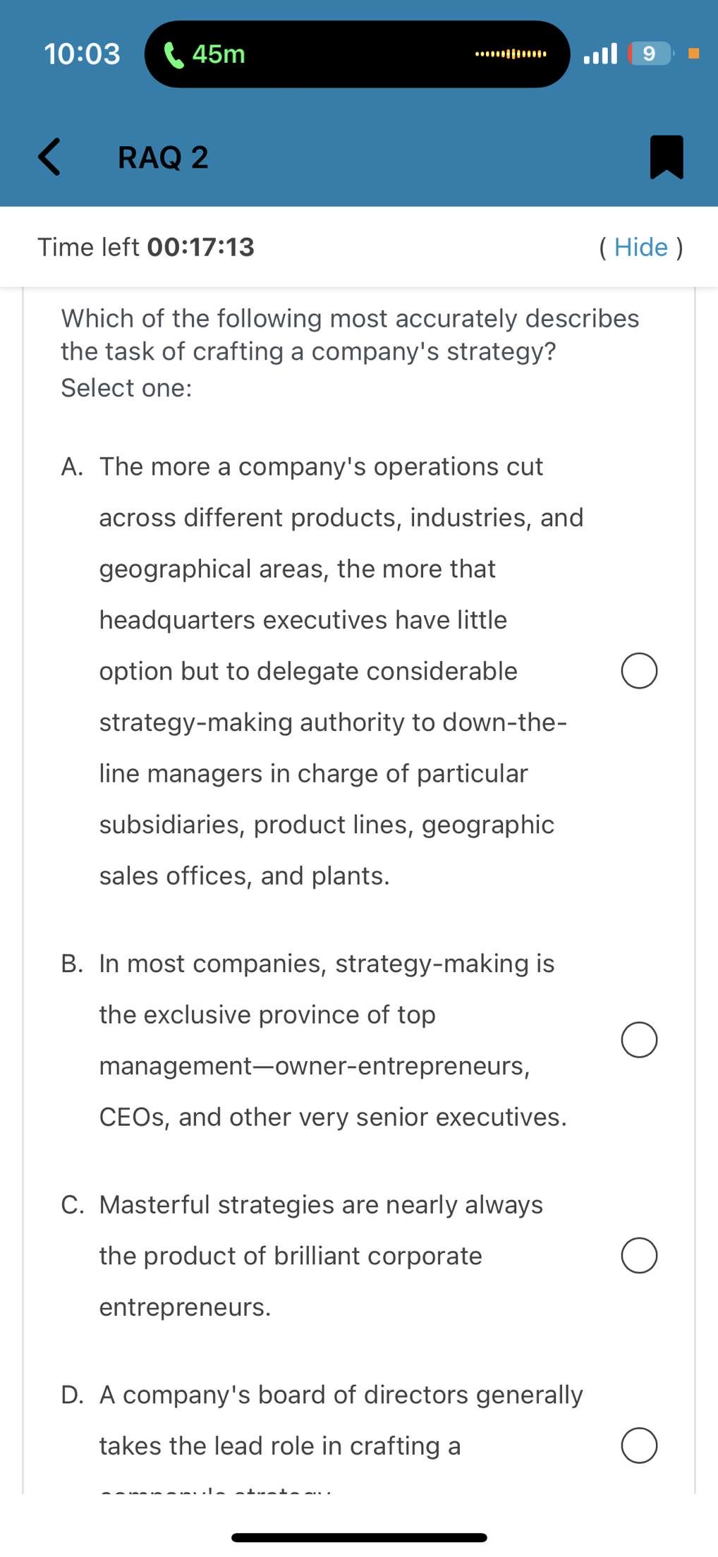 10:03 45m 9 RAQ 2 Time left 00:17:13 ( Hide )