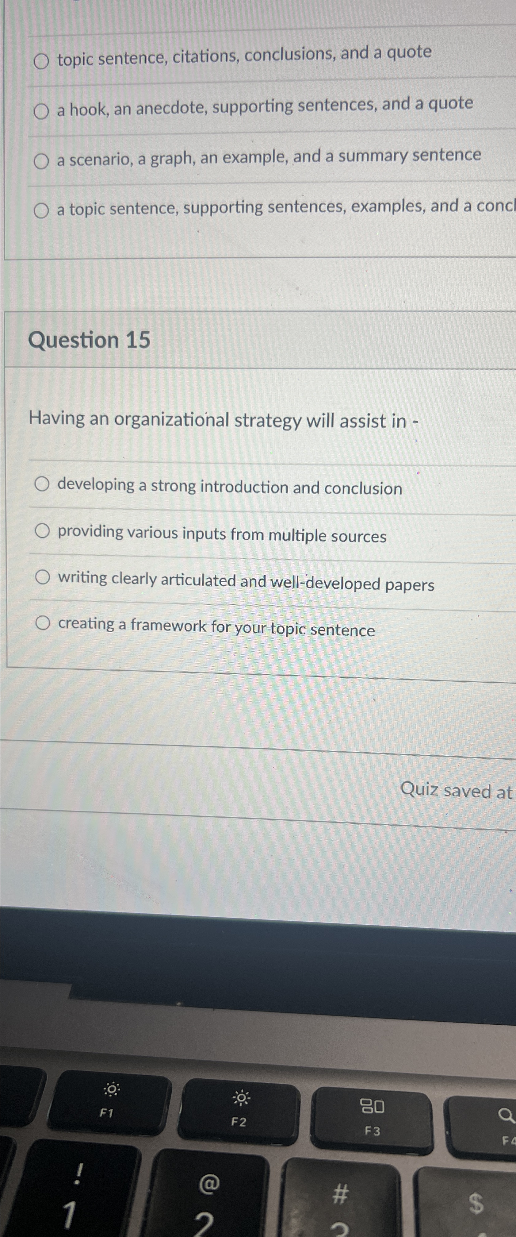  topic sentence, citations, conclusions, and a quote a hook, an anecdote,