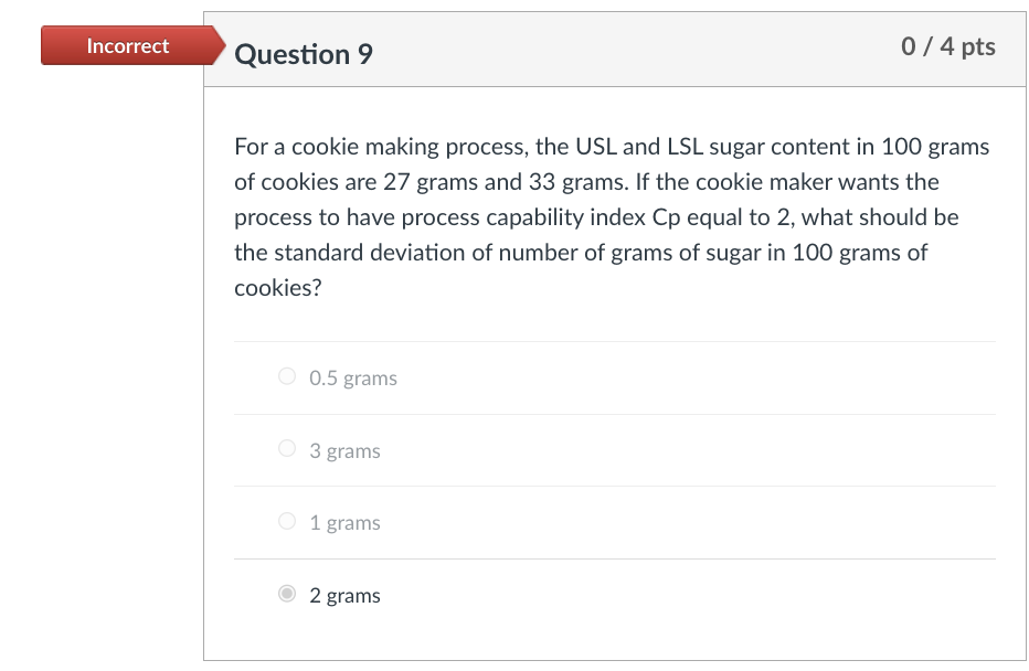 Question 9 For a cookie making process, the USL and LSL