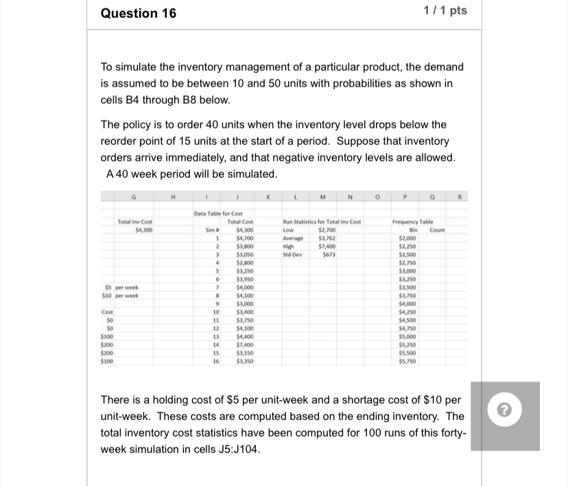  Question 16 1/1 pts To simulate the inventory management of a