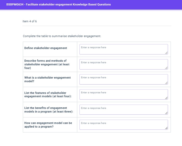  Complete the table to summarise stakeholder engagement. 
