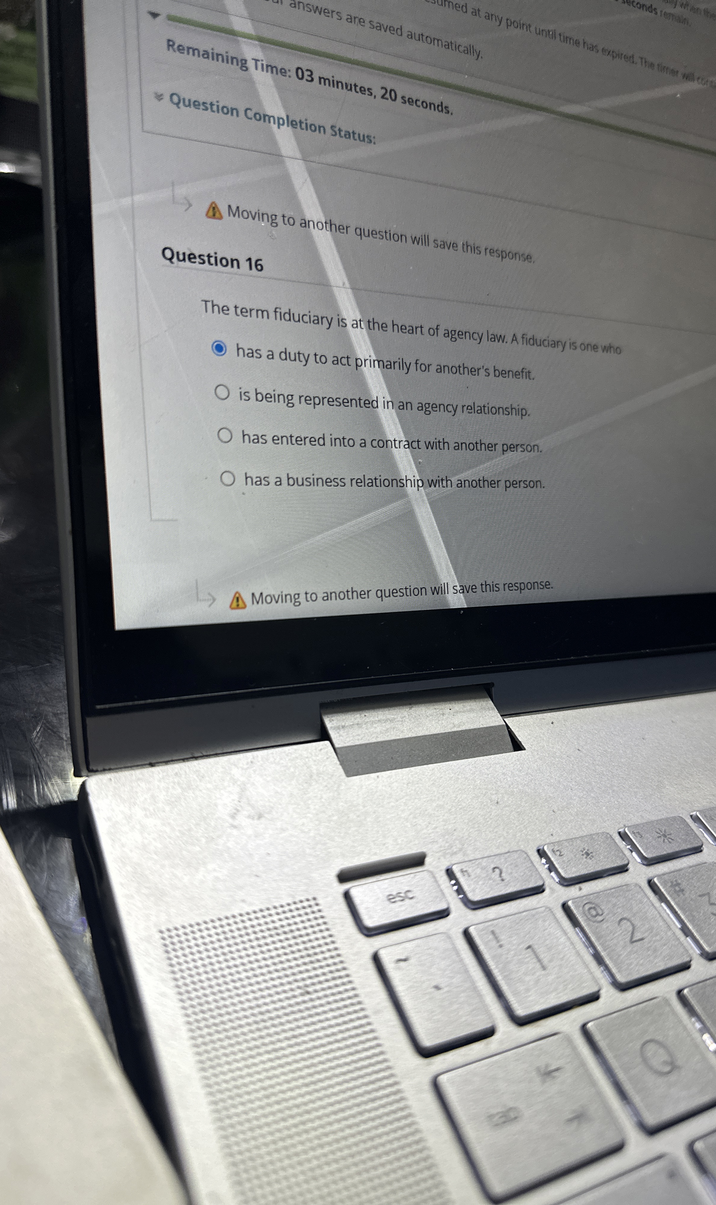  Remaining Time: 03 minutes, 20 seconds. Question Completion Status: Moving to