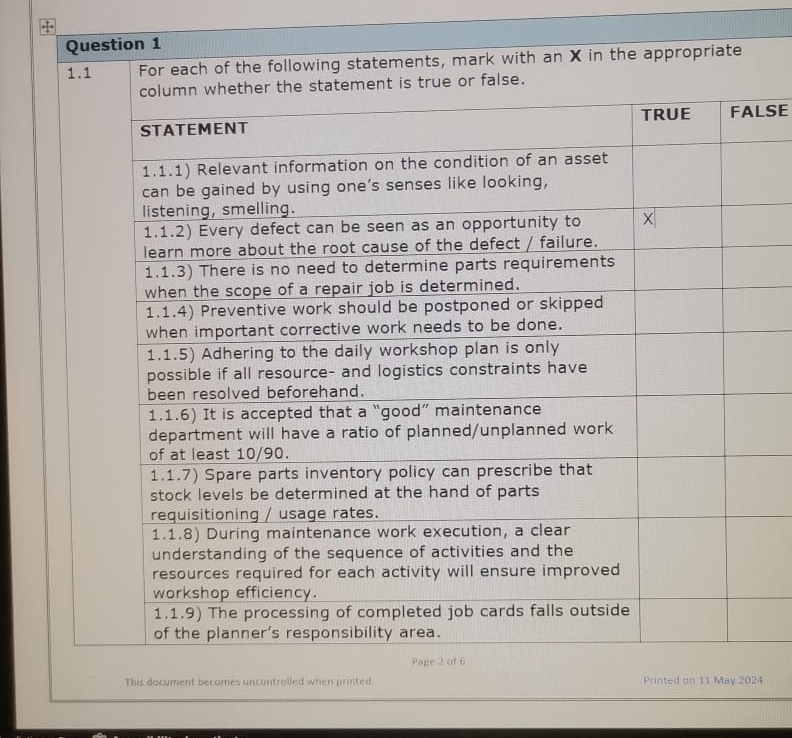  Question 1 \table[[1.1,\table[[For each of the following statements, mark with an