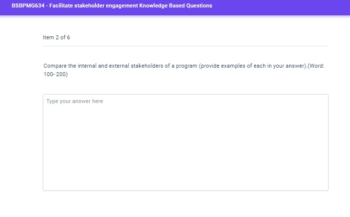  Compare the internal and external stakeholders of a program (provide examples