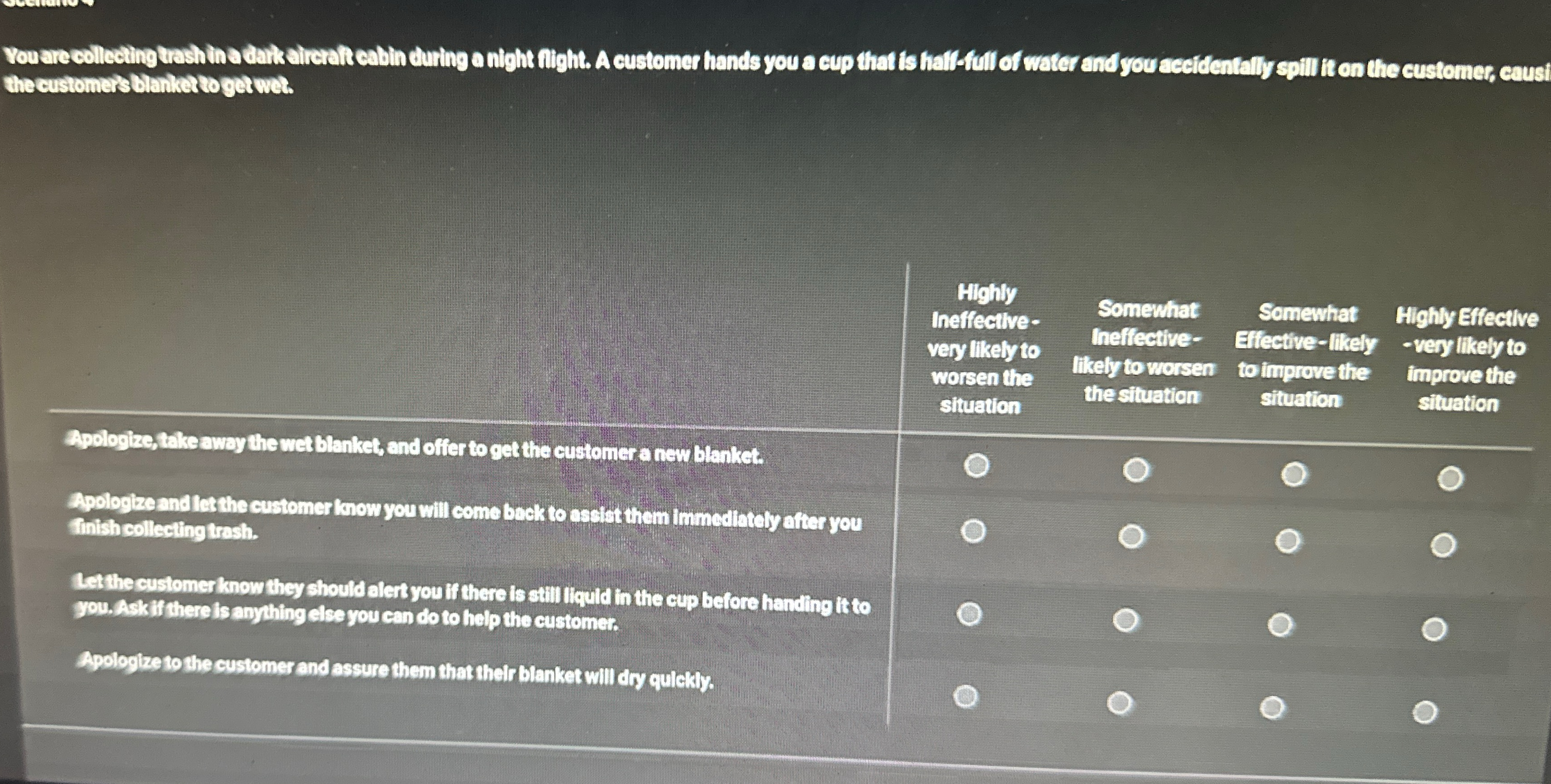  the customers blanherte getwet. \table[[,\table[[Hlohly],[Ineffective-],[very likely to],[worsen the],[stuaton]],\table[[Somewhat],[Ineffective-],[Ithely to worsen],[the situation]],\table[[Somewhat],[Effective-likely],[to