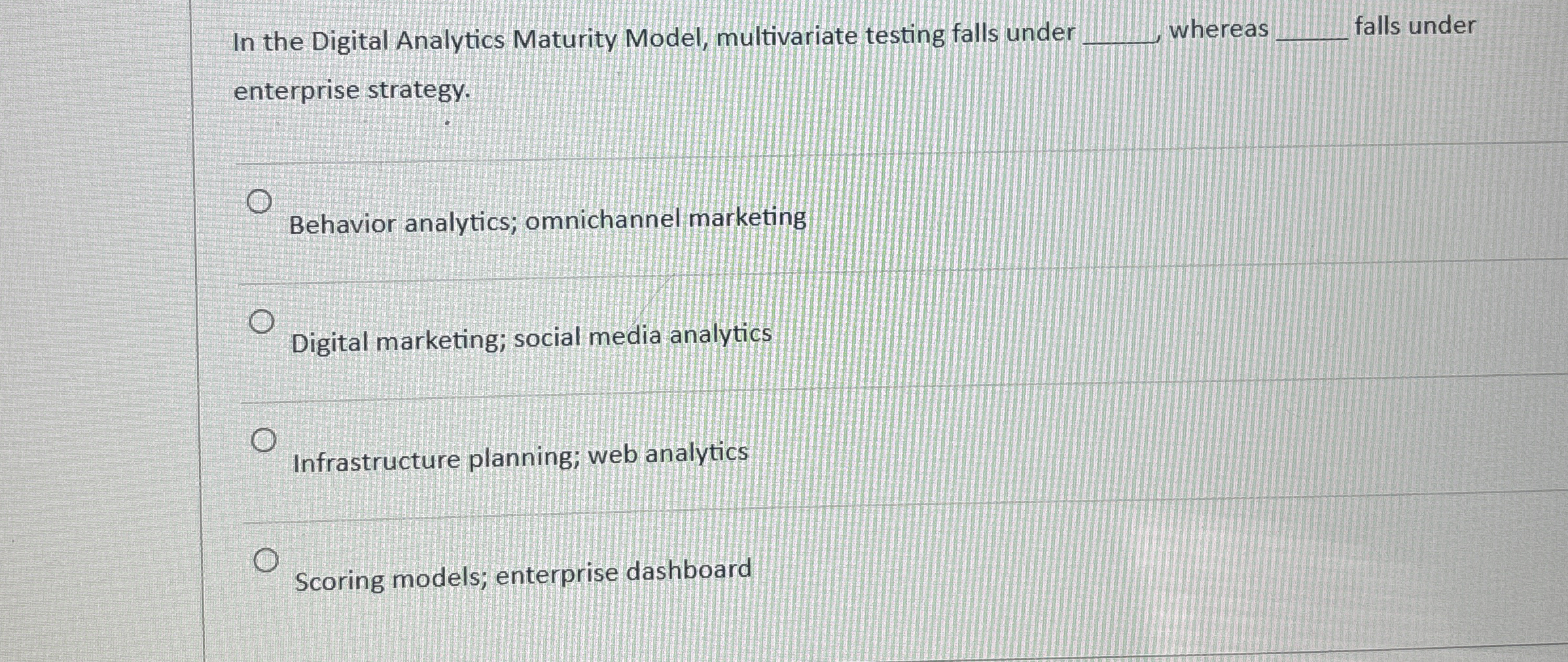  In the Digital Analytics Maturity Model, multivariate testing falls under whereas