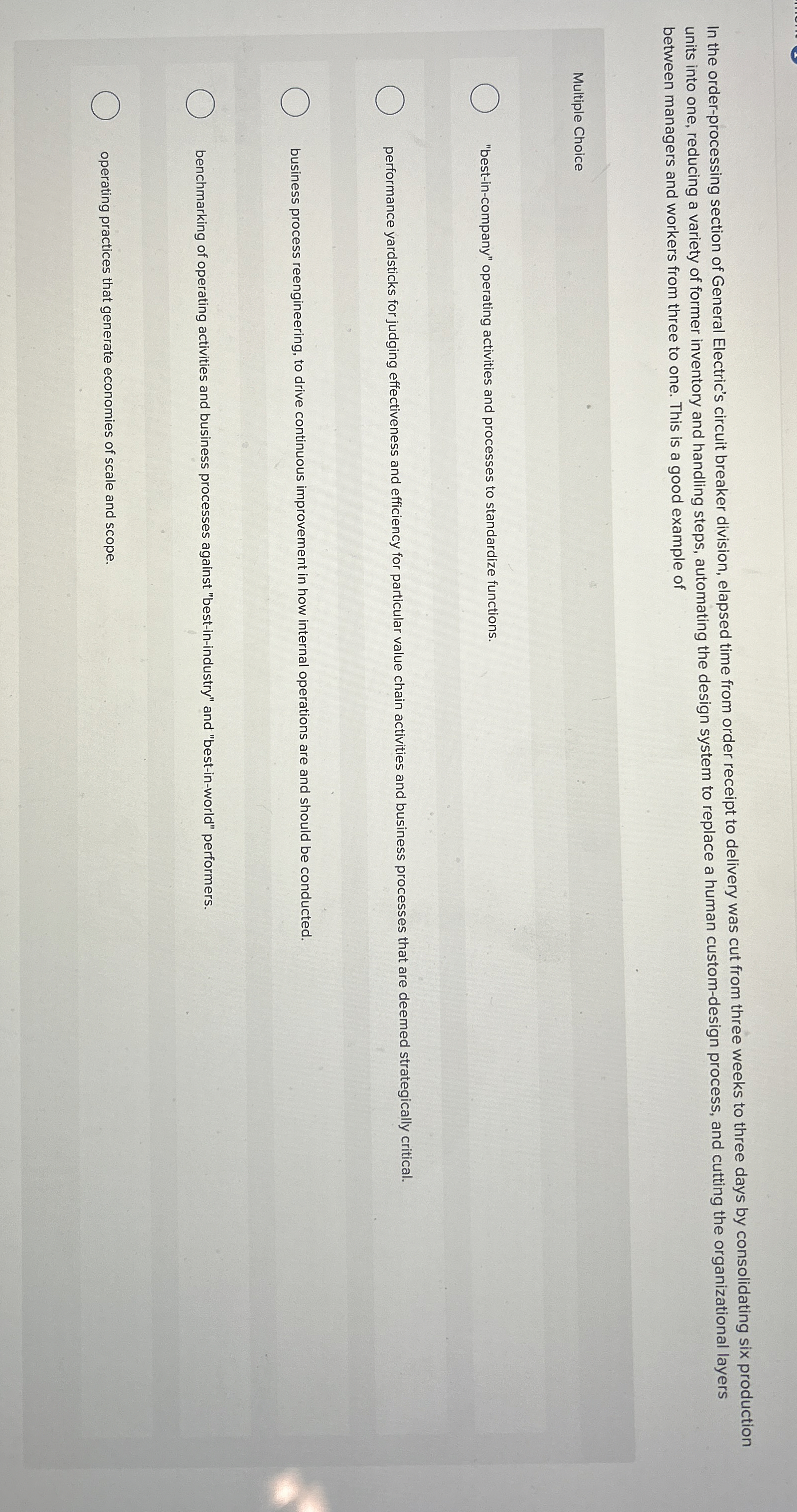  In the order-processing section of General Electric's circuit breaker division, elapsed