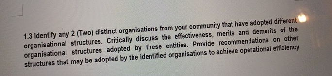  1.3 Identify any 2(Two) distinct organisations from your community that have