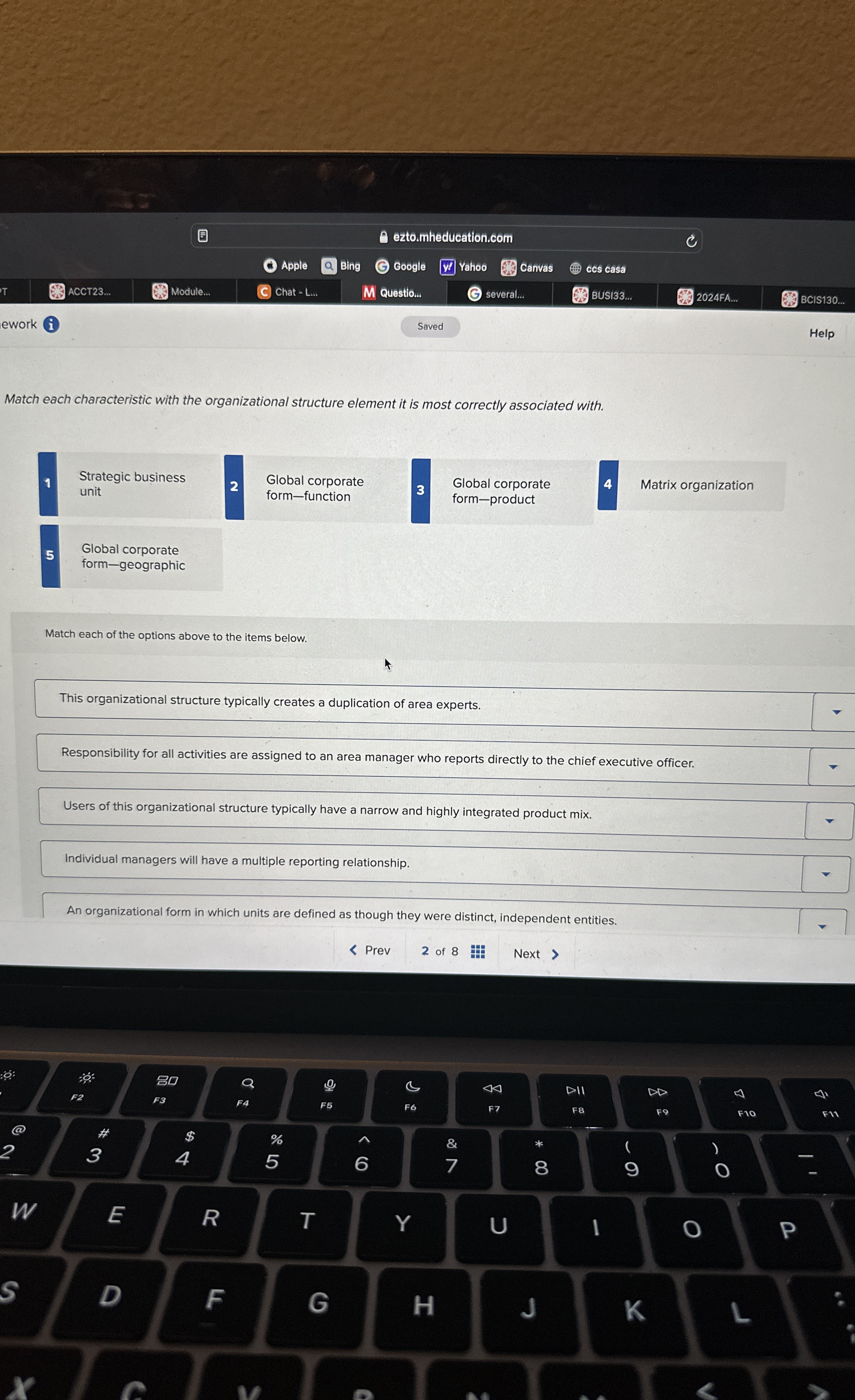  Match each characteristic with the organizational structure element it is most