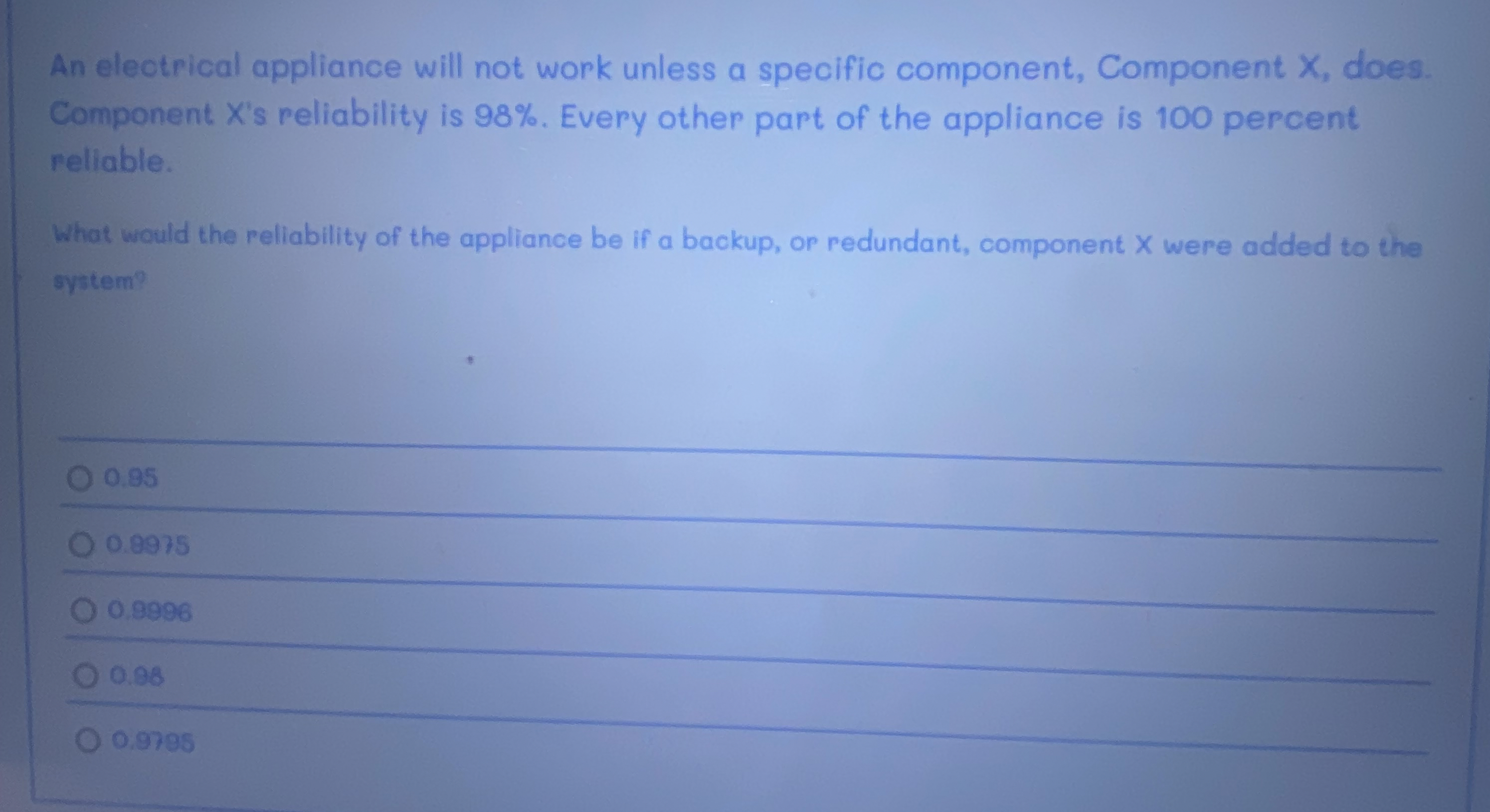  An eleotrical appliance will not work unless a specific component, Component