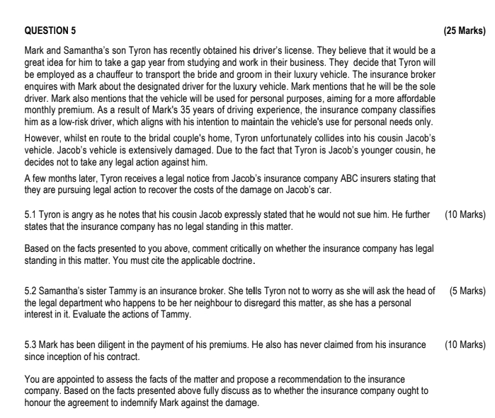  QUESTION 5 (25 Marks) Mark and Samantha's son Tyron has recently