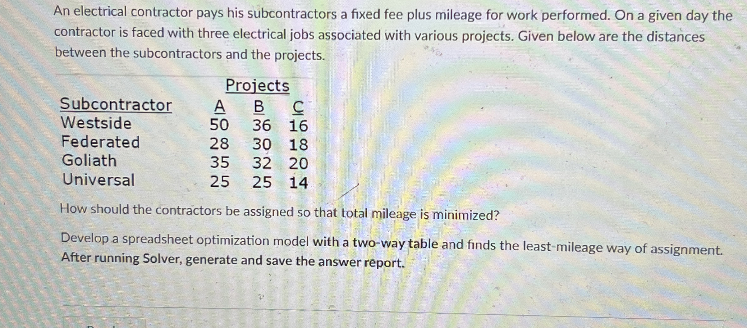  An electrical contractor pays his subcontractors a fixed fee plus mileage