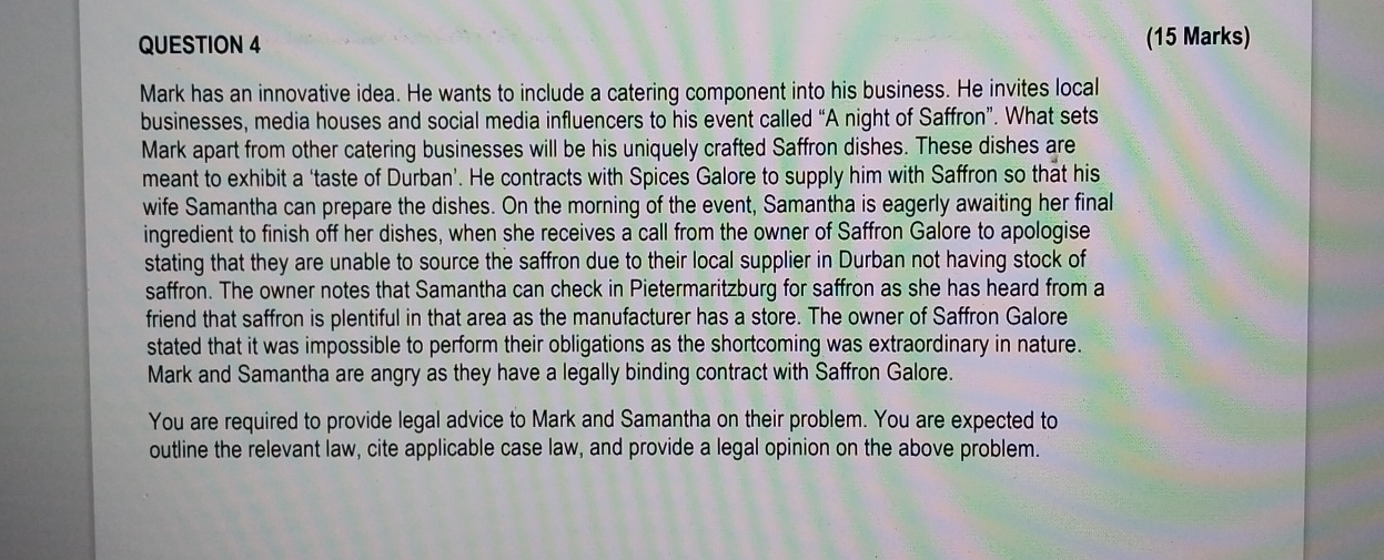  QUESTION 4 (15 Marks) Mark has an innovative idea. He wants