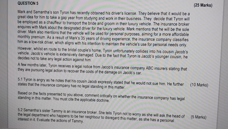  QUESTION 5 (25 Marks) Mark and Samantha's son Tyron has recently