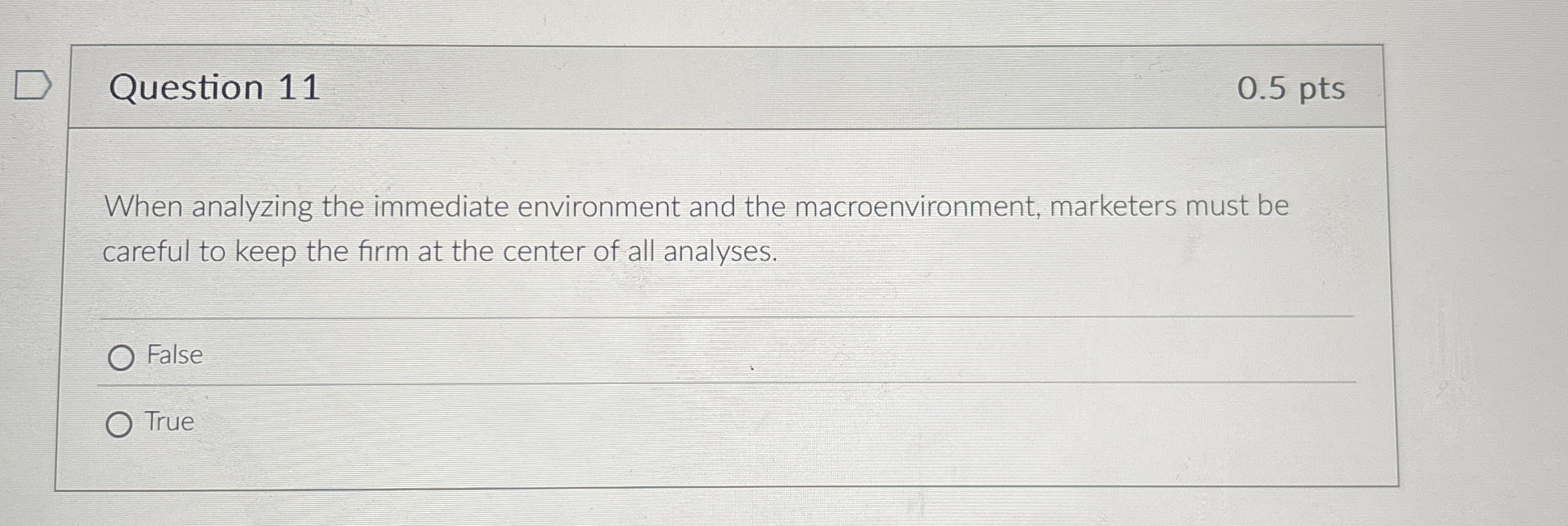  Question 11 When analyzing the immediate environment and the macroenvironment, marketers