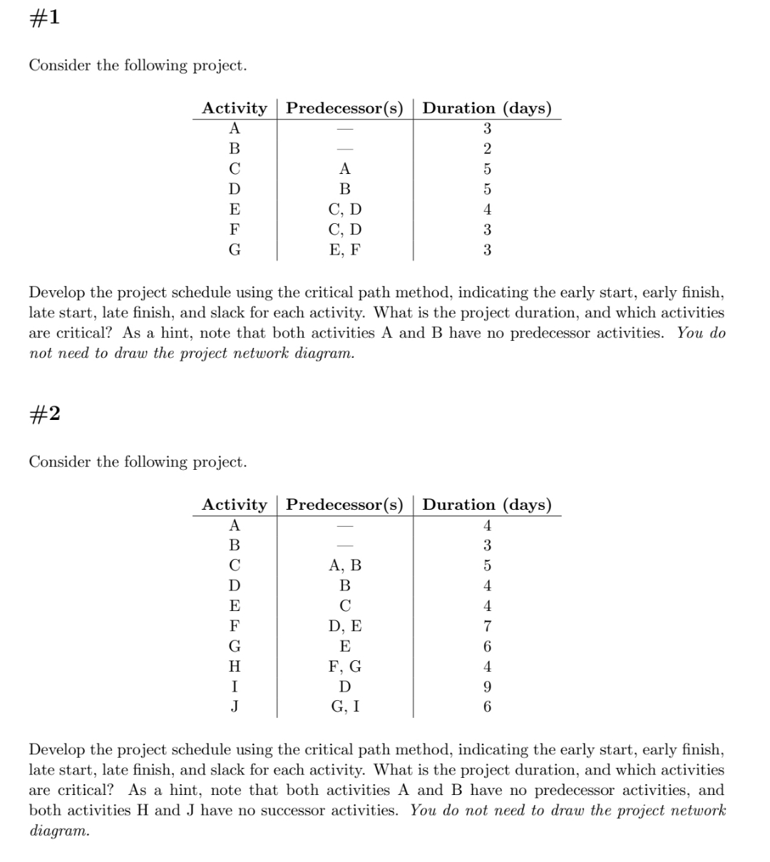  #1 Consider the following project. \table[[Activity,Predecessor(s),Duration (days)],[A,-,3],[B,-,2],[C,A,5],[D,B,5],[E,C, D,4],[F,C, D,3],[G,E, F,3]] Develop