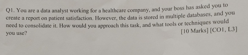 Q1. You are a data analyst working for a healthcare company,