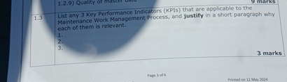  1.3 List any 3 Key Performance Indicators (KPIs) that are applicable