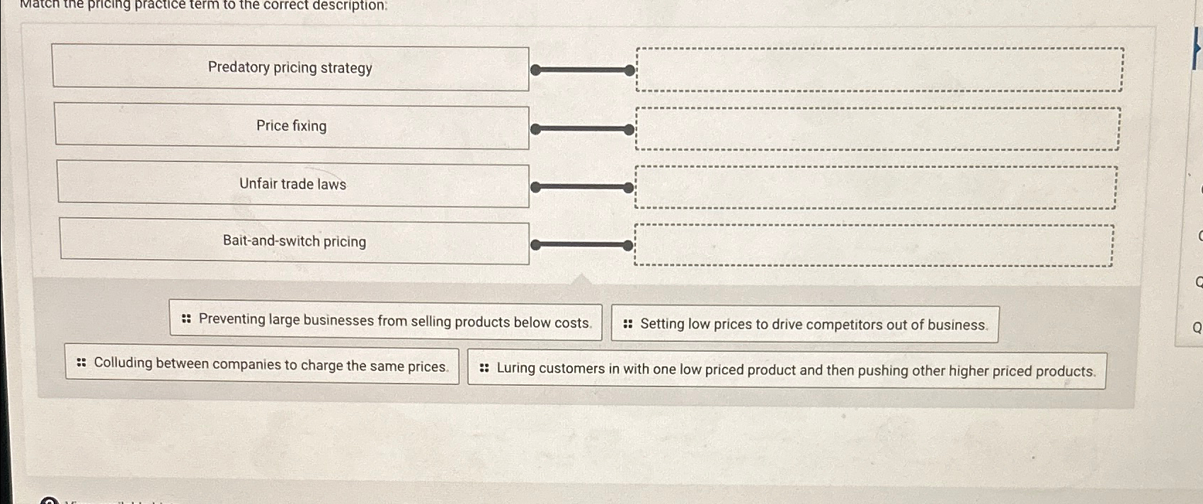  Match the pricing practice term to the correct description: Predatory pricing