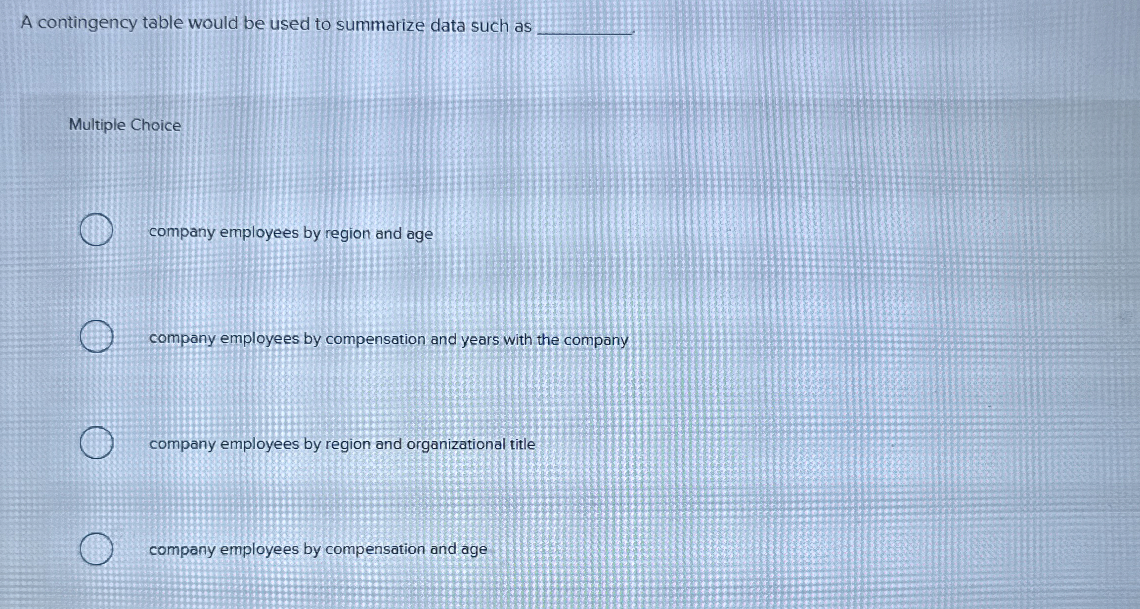  A contingency table would be used to summarize data such as