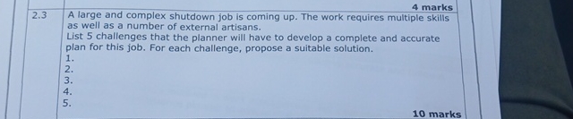  2.34 marksA large and complex shutdown job is coming up. The