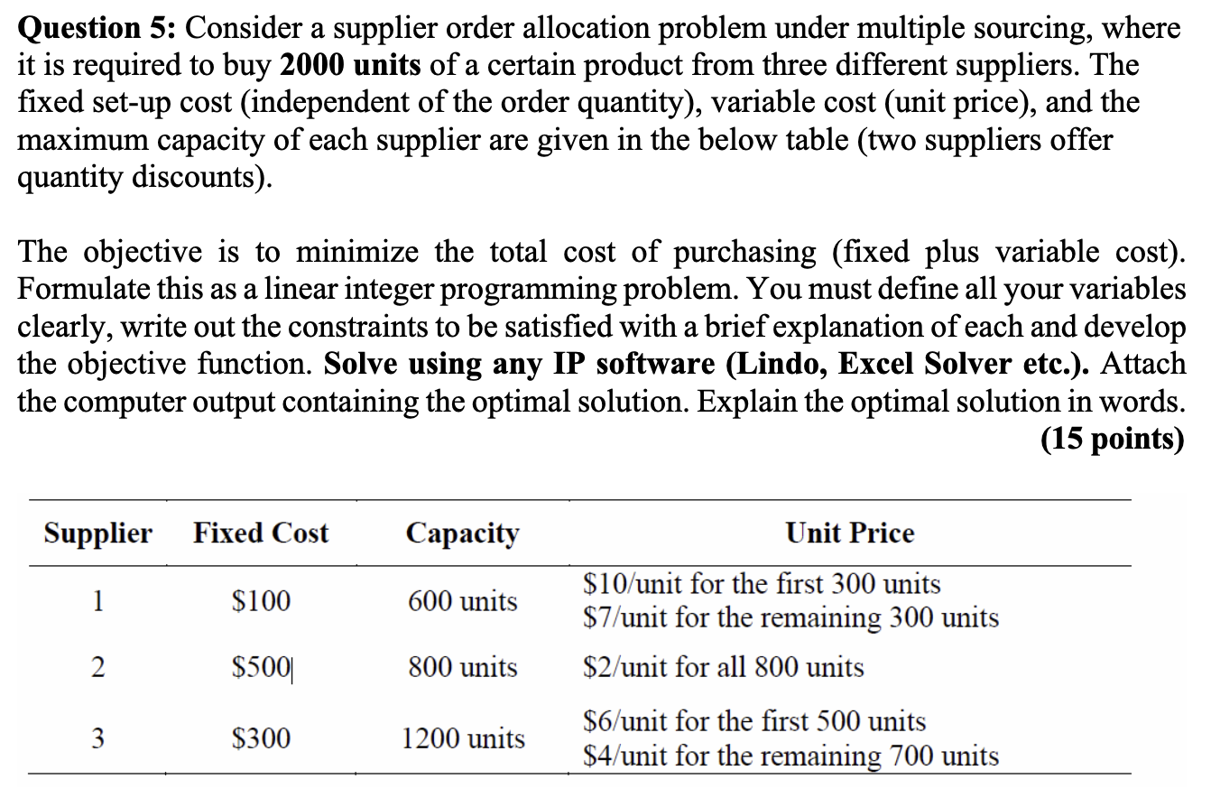  Please Solve using Excel Solver and show all screenshots! Question 5: