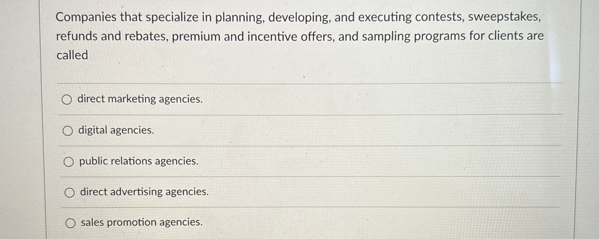  Companies that specialize in planning, developing, and executing contests, sweepstakes, refunds