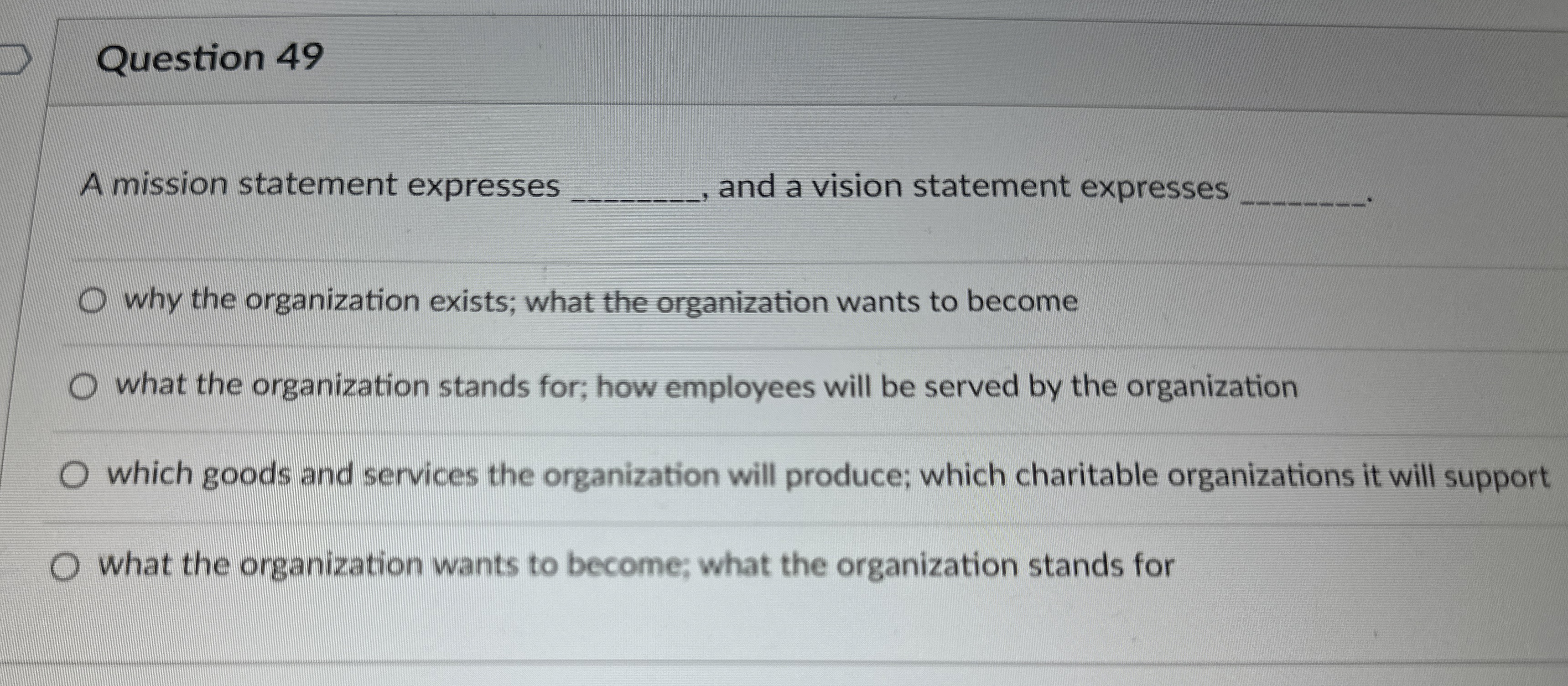  Question 49 A mission statement expresses q,, and a vision statement