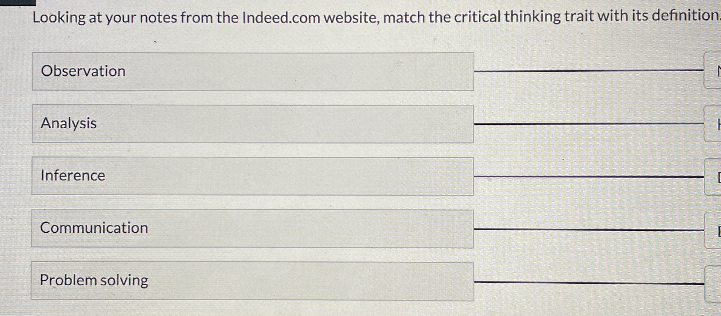  Looking at your notes from the Indeed.com website, match the critical