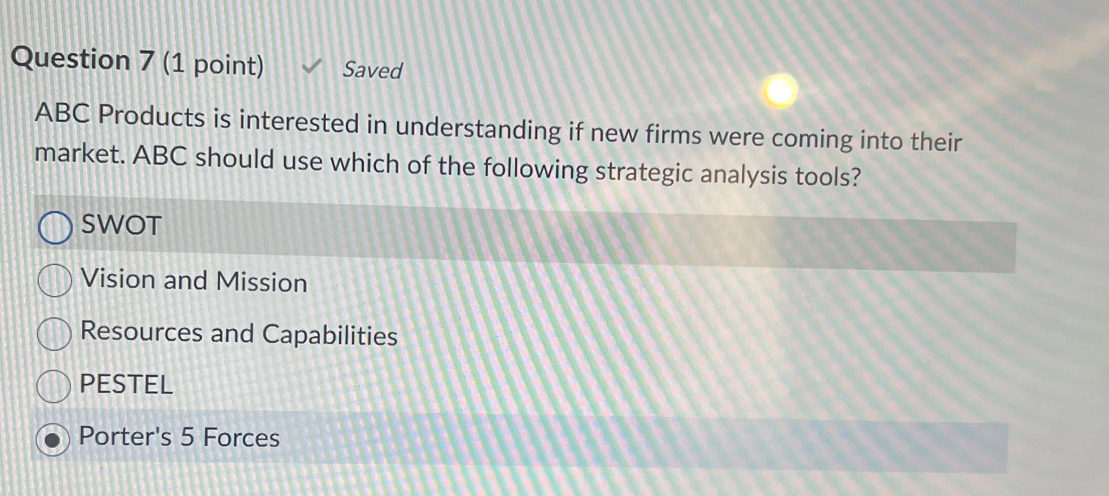  Question 7(1 point) Saved ABC Products is interested in understanding if