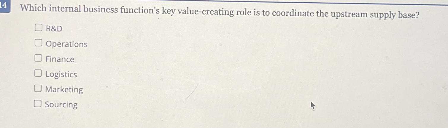  14 Which internal business function's key value-creating role is to coordinate