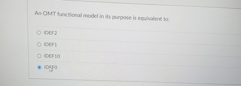 An OMT functional model in its purpose is equivalent to: IDEF2