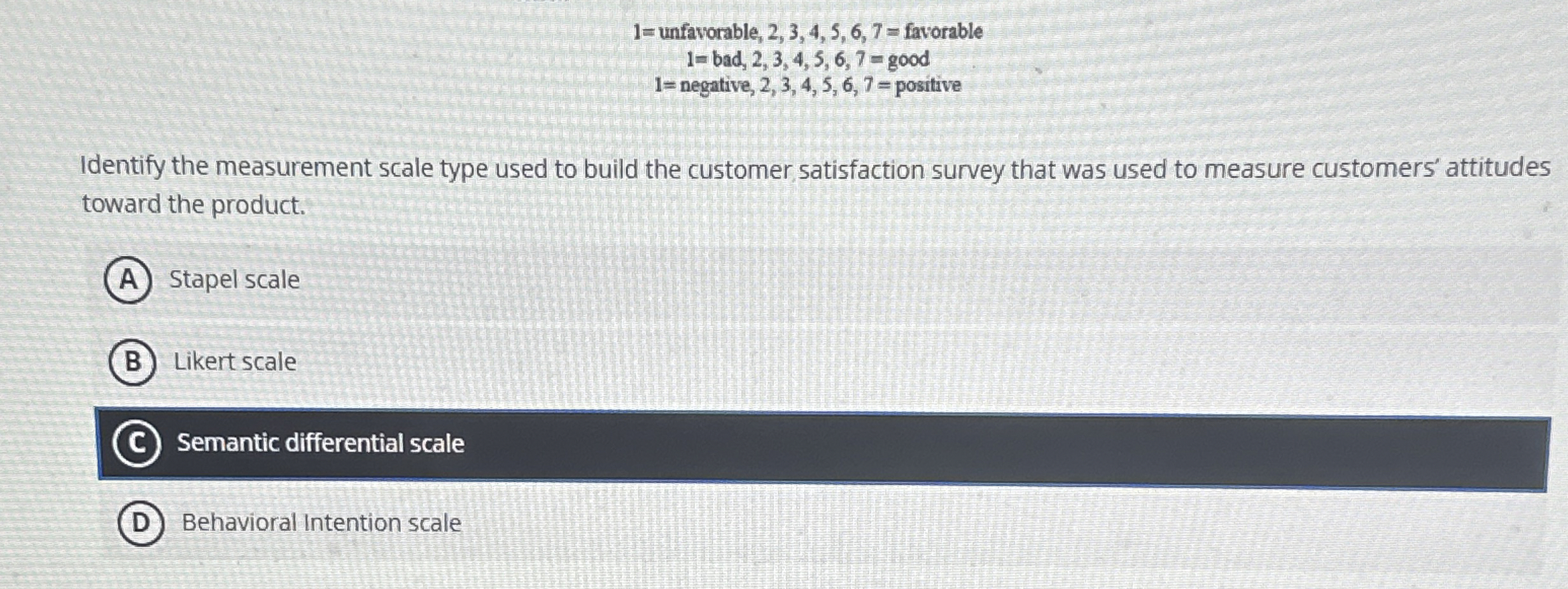  1= unfavorable, 2,3,4,5,6,7= favorable 1= bad, 2,3,4,5,6,7= good 1= negative, 2,3,4,5,6,7=
