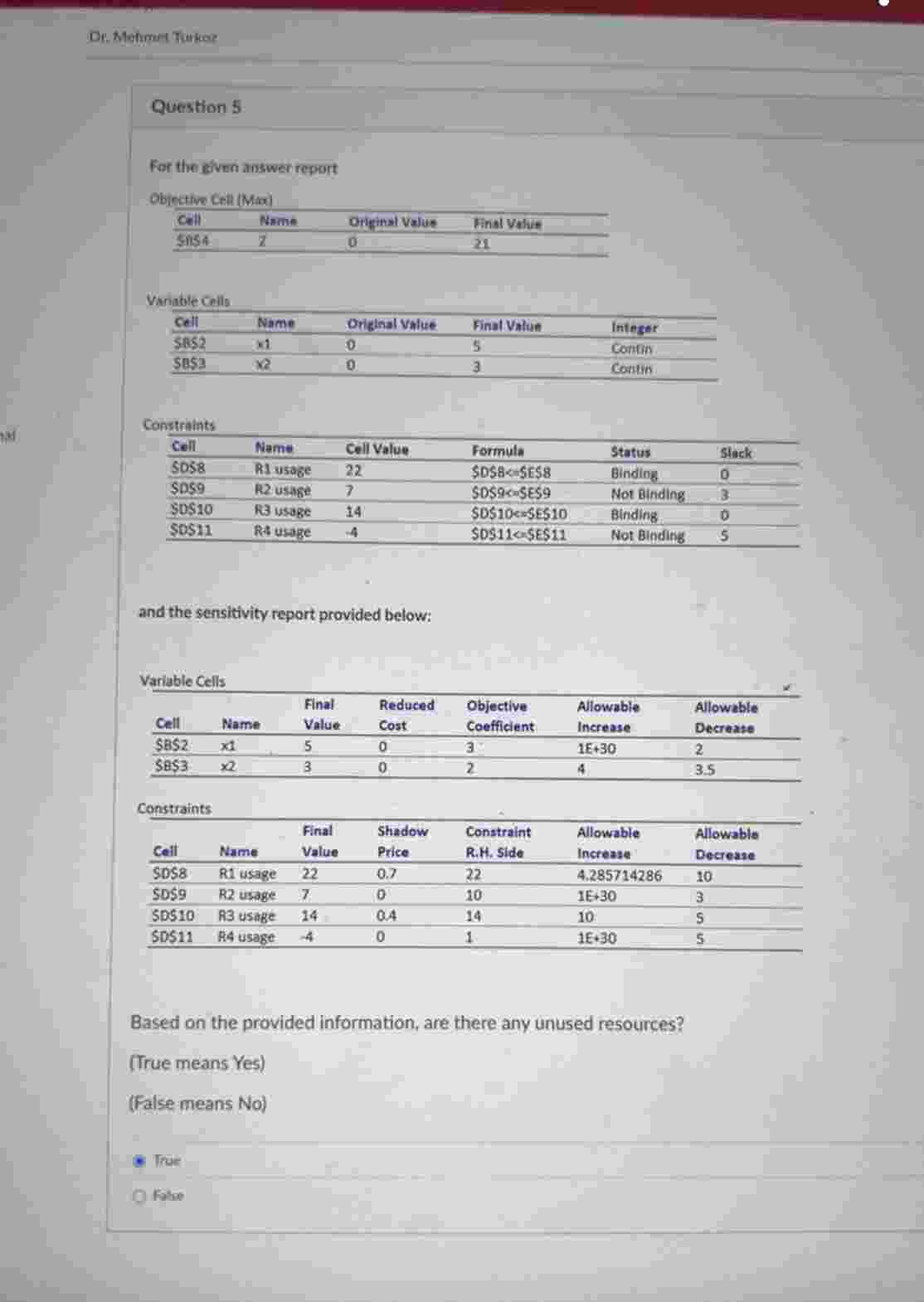  Question 5 For the given answer report Obiective Cell (Mail) Variable