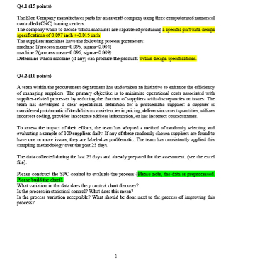  Q4.1(15 points) The Elon Company manufactures parts for an aircraft company