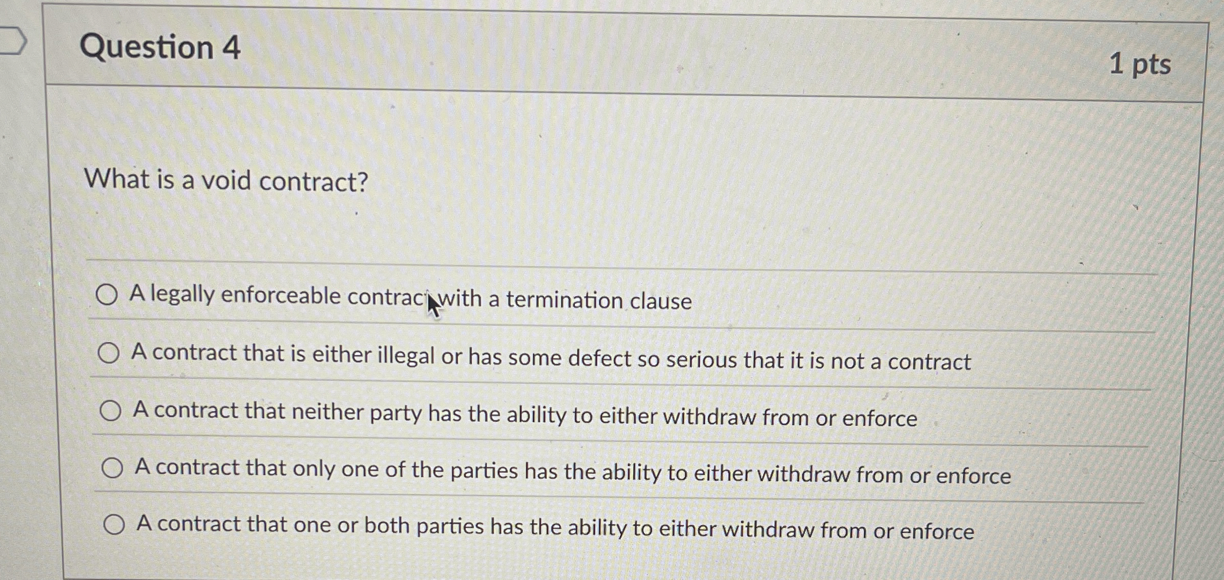  Question 4 What is a void contract? A legally enforceable contracith