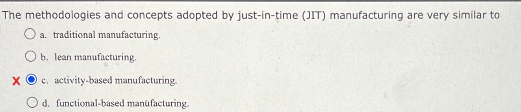  The methodologies and concepts adopted by just-in-time (JIT) manufacturing are very