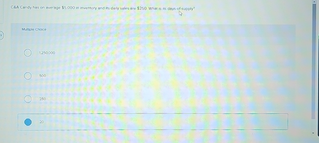  C&A Candy has on average $5,000 in inventory and its daily