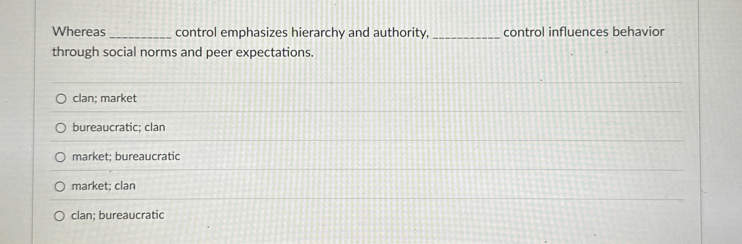  Whereas control emphasizes hierarchy and authority, control influences behavior through social