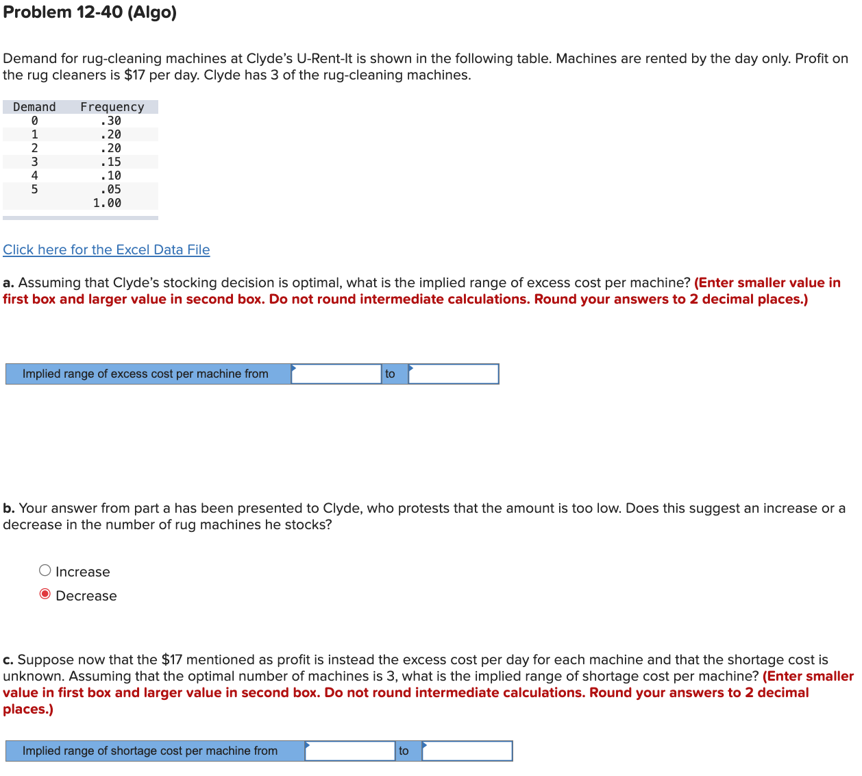  Problem 12-40(Algo) Demand for rug-cleaning machines at Clyde's U-Rent-It is shown