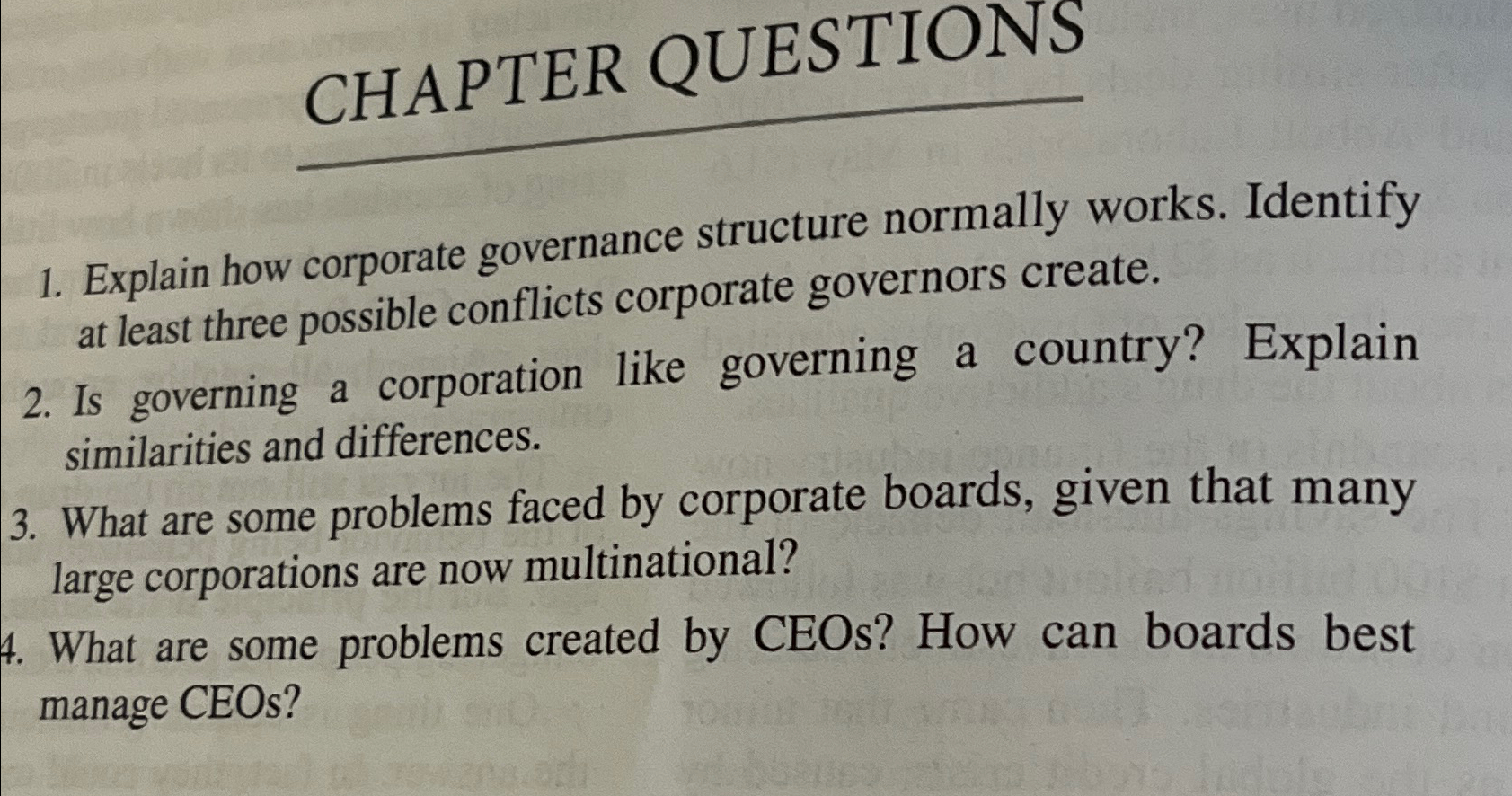  CHAPTER QUESTIONS q,1. Explain how corporate governance structure normally works. Identify