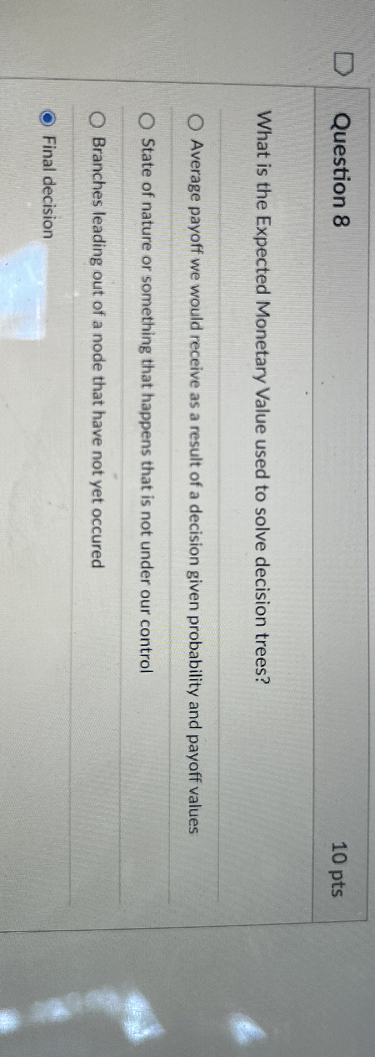  Question 8 10 pts What is the Expected Monetary Value used
